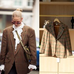 1970s Vintage Green & Orange Plaid Wool Blazer Tailored Fit Size 6